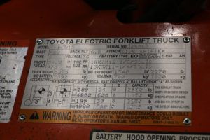 Data Plate on Toyota Electric Forklift
