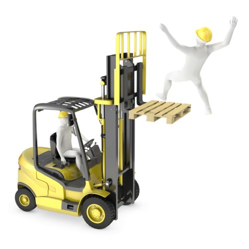 Illustration of an employee falling off the forks of a forklift