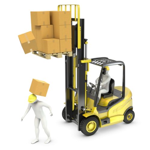 An illustration of a worker walking under an elevated forklift load, with a box falling on them