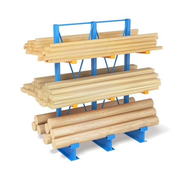 A cantilever-style warehouse rack holding lumber