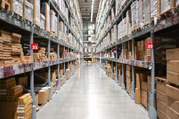 A narrow aisle in a warehouse