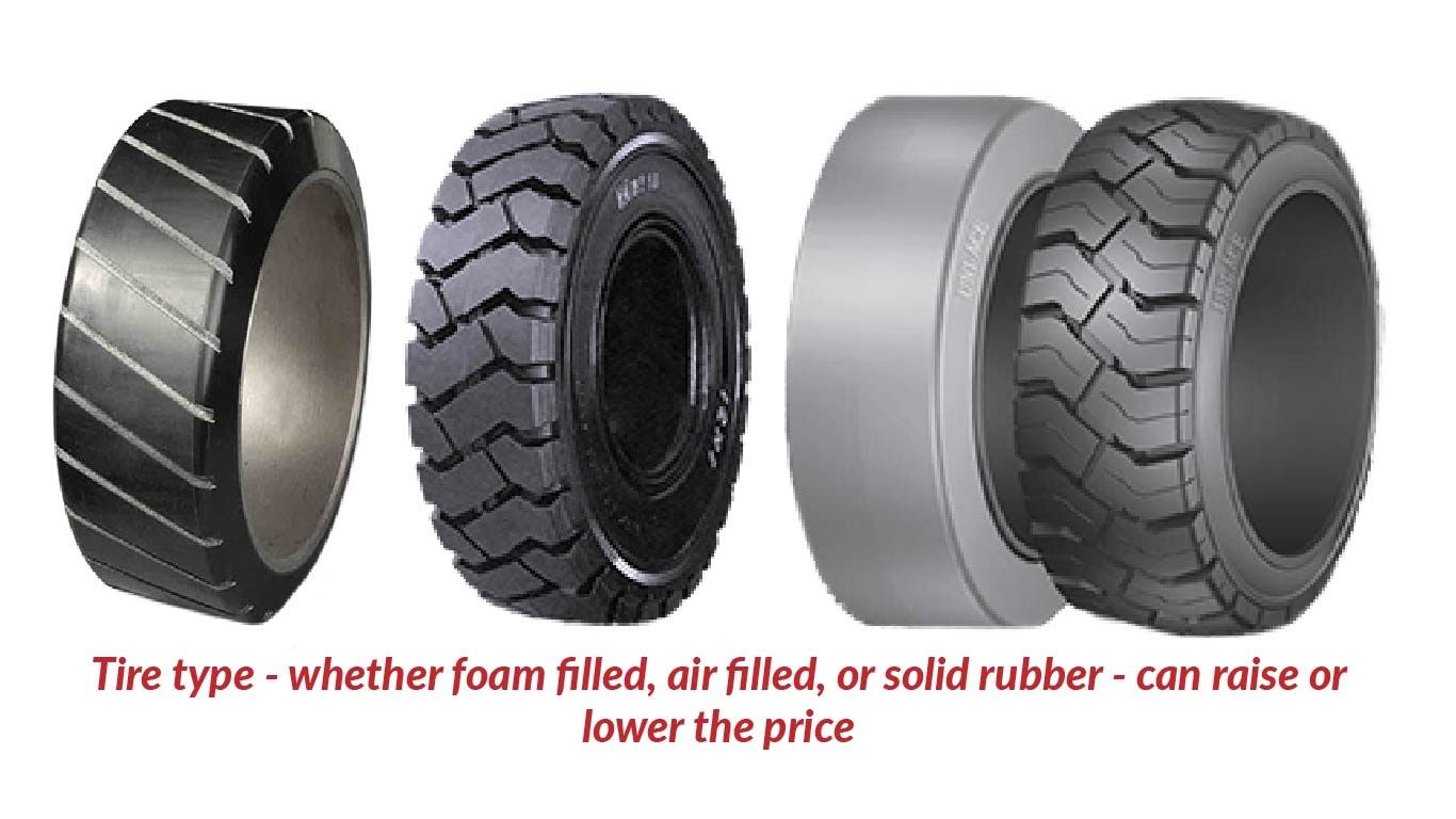 Tire type - whether foam filled, air filled, or solid rubber - can raise or lower the price.