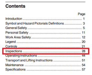 An exerpt from a Genie Z-45 boom lift owner's manual showing the "Inspections" section of the table of contents