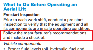 Excerpt from OSHA's Aerial Lifts Fact Sheet on manufacturer-recommended aerial lift inspection items