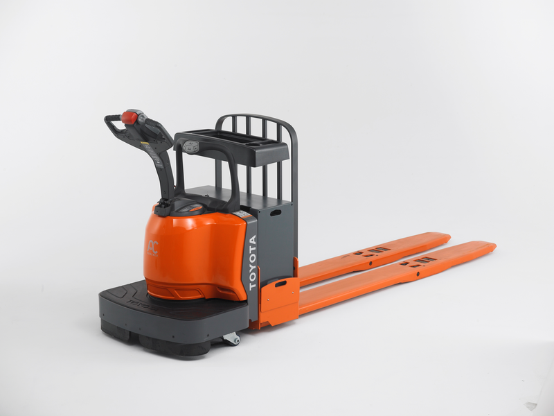 Toyota End-Controlled Rider Pallet Jack Product Photo Side Back 96 In. Forks