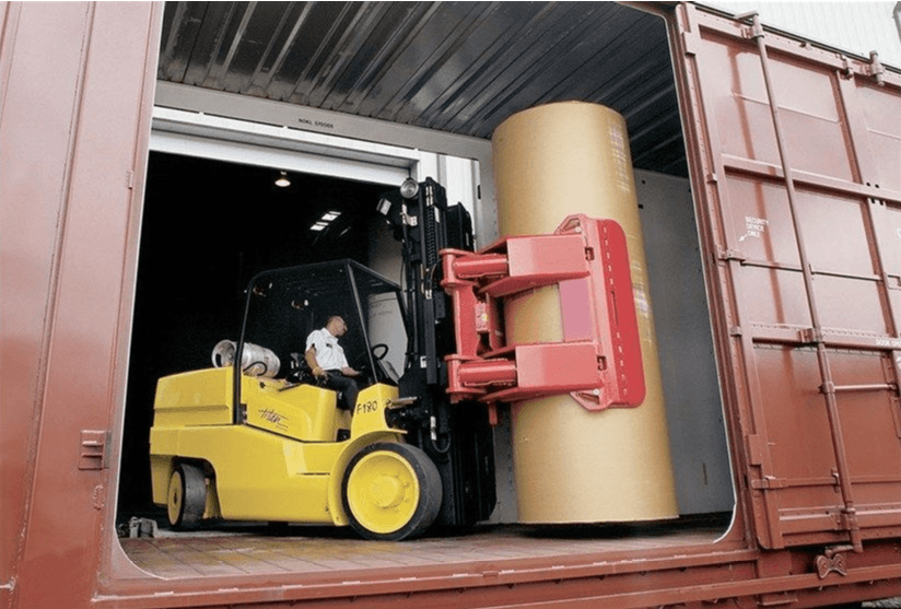 High-capacity forklift with paper roll clamp attachment
