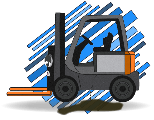 1-Leaks-banner Cartoon forklift with a puddle of fluid underneath it