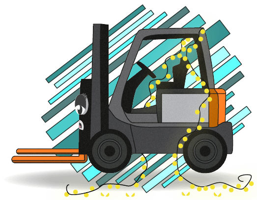 Cartoon forklift with a string of lights draped across it, signifying forklift accessories