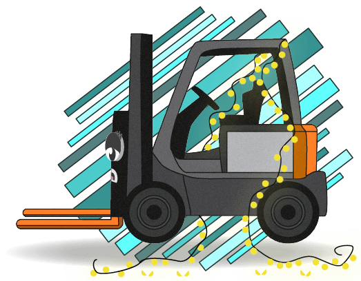 3-Accessories-banner Cartoon forklift with a string of lights draped across it, signifying forklift accessories