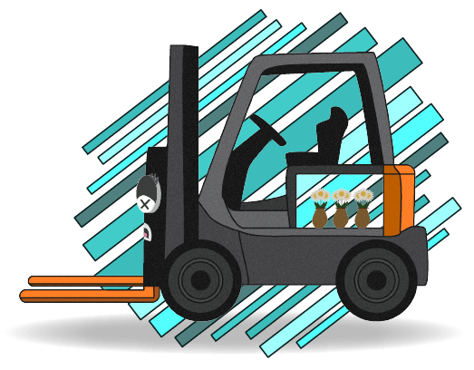 Cartoon forklift with flower pots inside its battery compartment