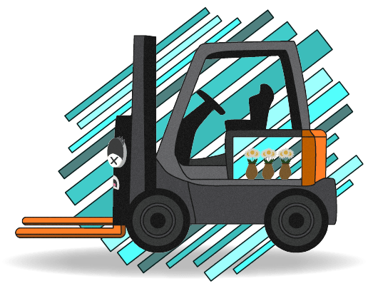 4-Dead-No-Start-banner Cartoon forklift with flower pots inside its battery compartment