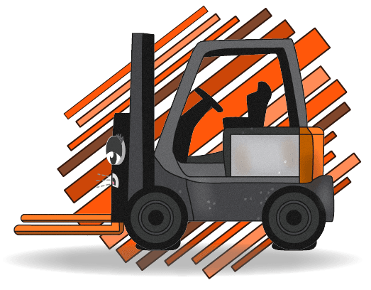 Cartoon forklift coughing, with a flat steer tire