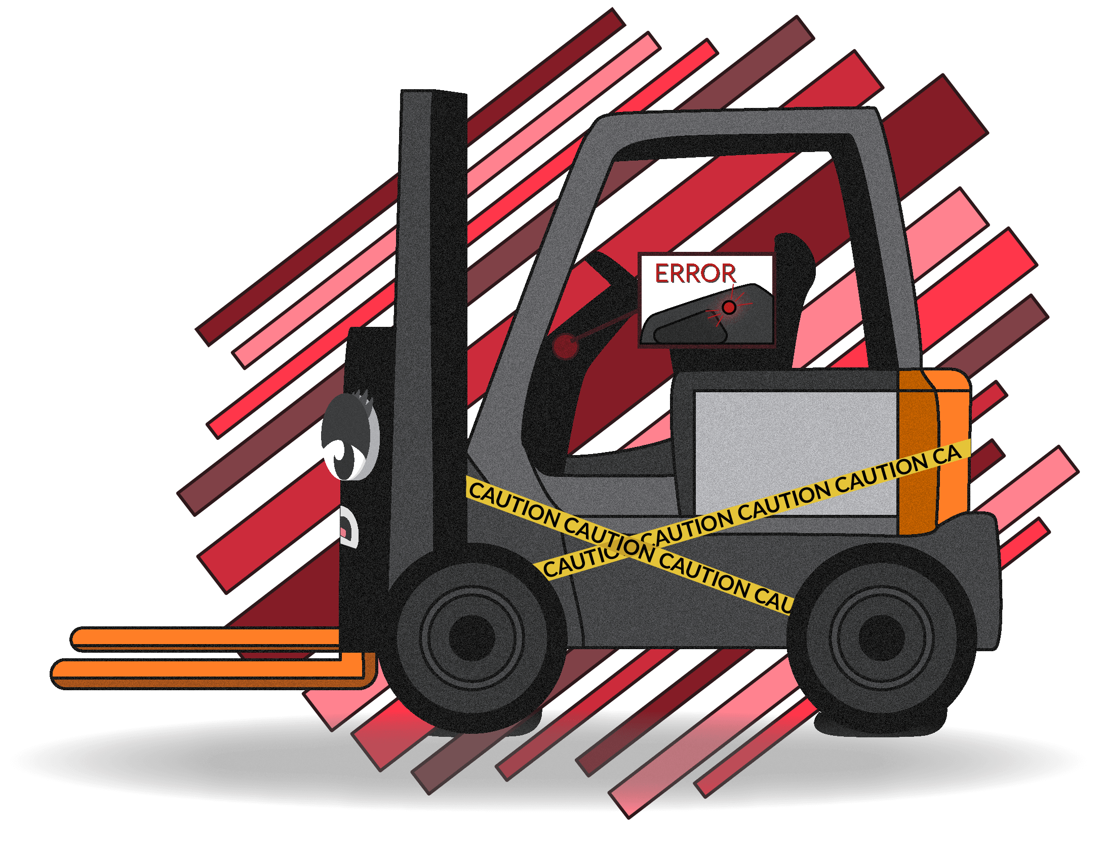 Cartoon forklift wrapped in caution tape with a close-up of an error code on the dash