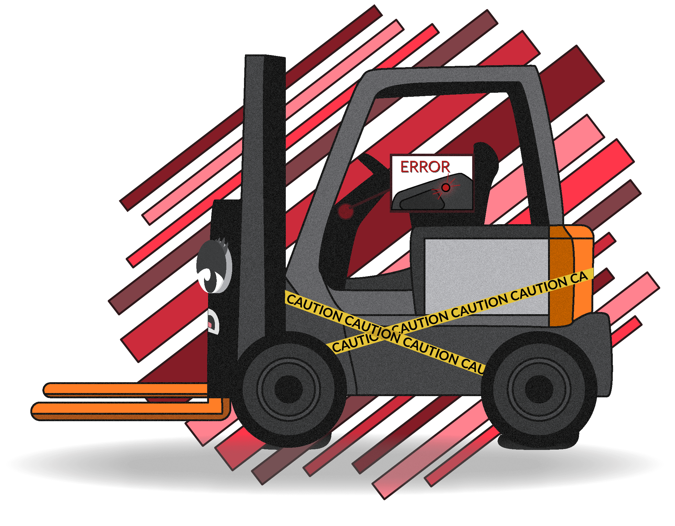 7-Error-Codes-Check-Engine-banner Cartoon forklift wrapped in caution tape with a close-up of an error code on the dash