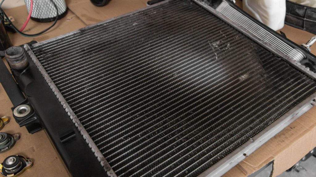 A dirty forklift radiator