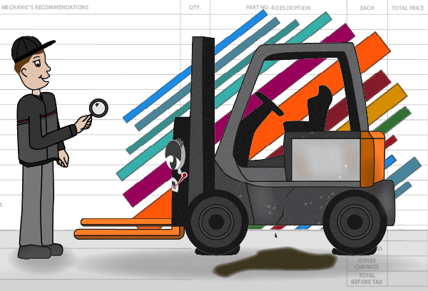 Mechanic with a magnifying glass inspecting a leaking, sick cartoon forklift