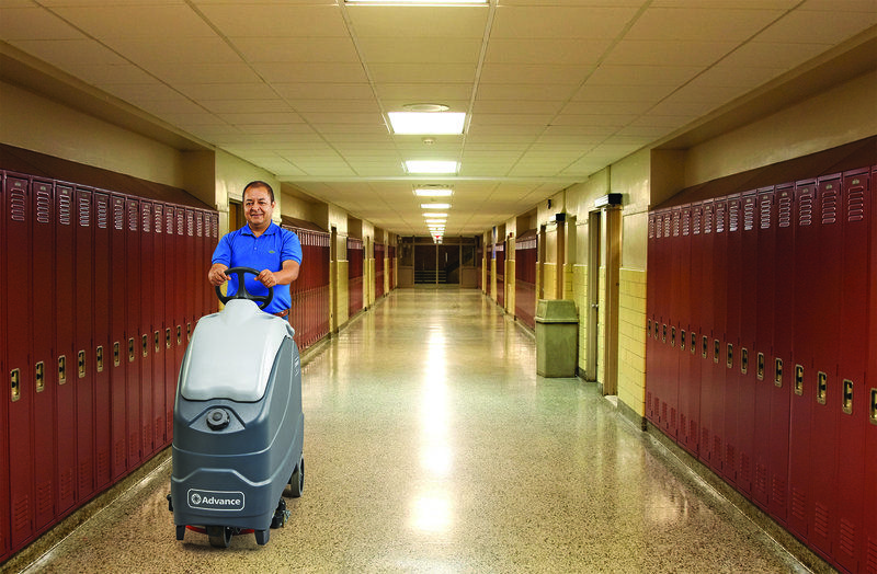 Advance SC1500 scrubber in school hallway