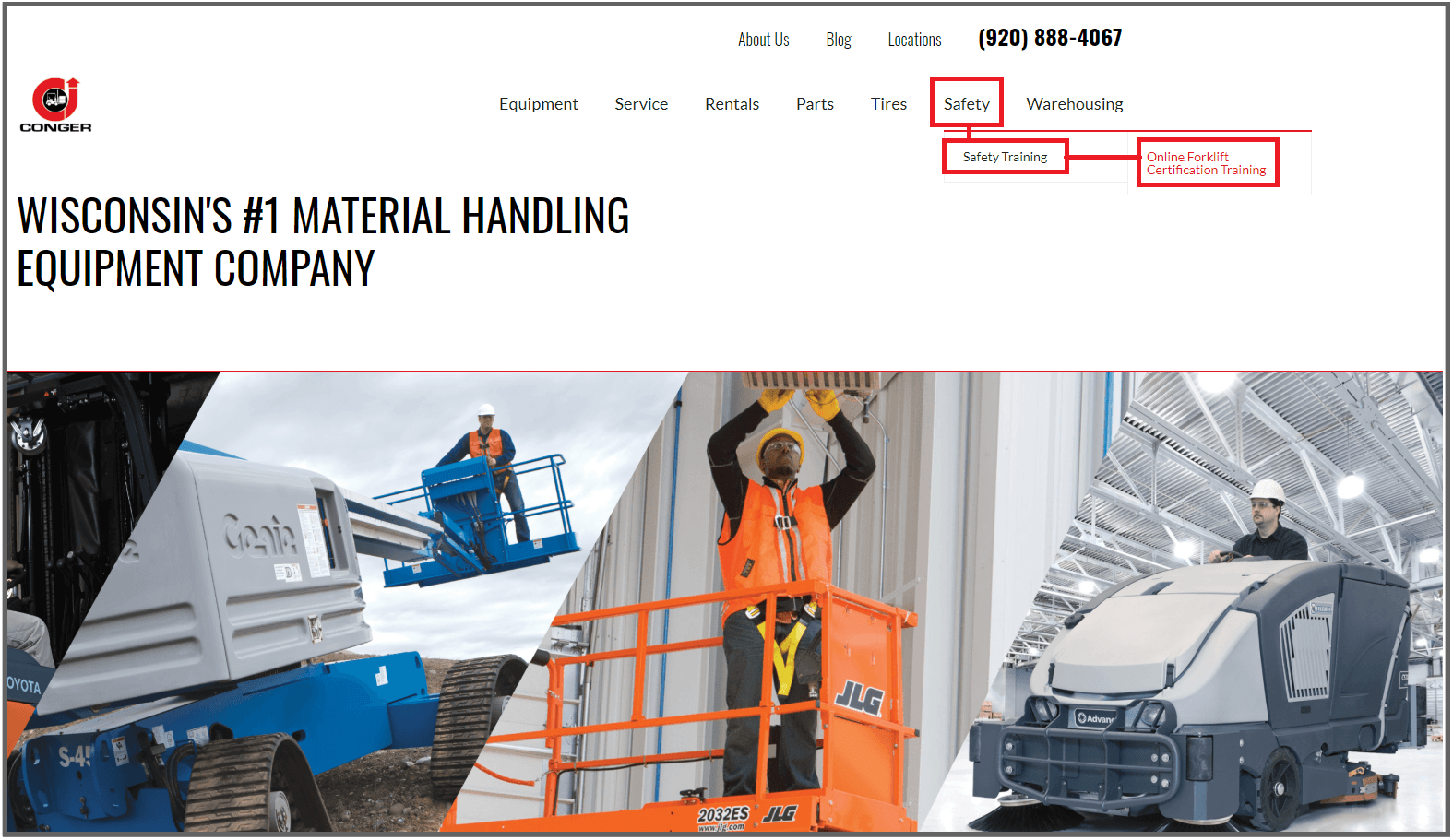 Conger-homepage-safety-training-navigation-example You can usually find a forklift dealership's forklift certification programs listed under the "safety" category on their homepage