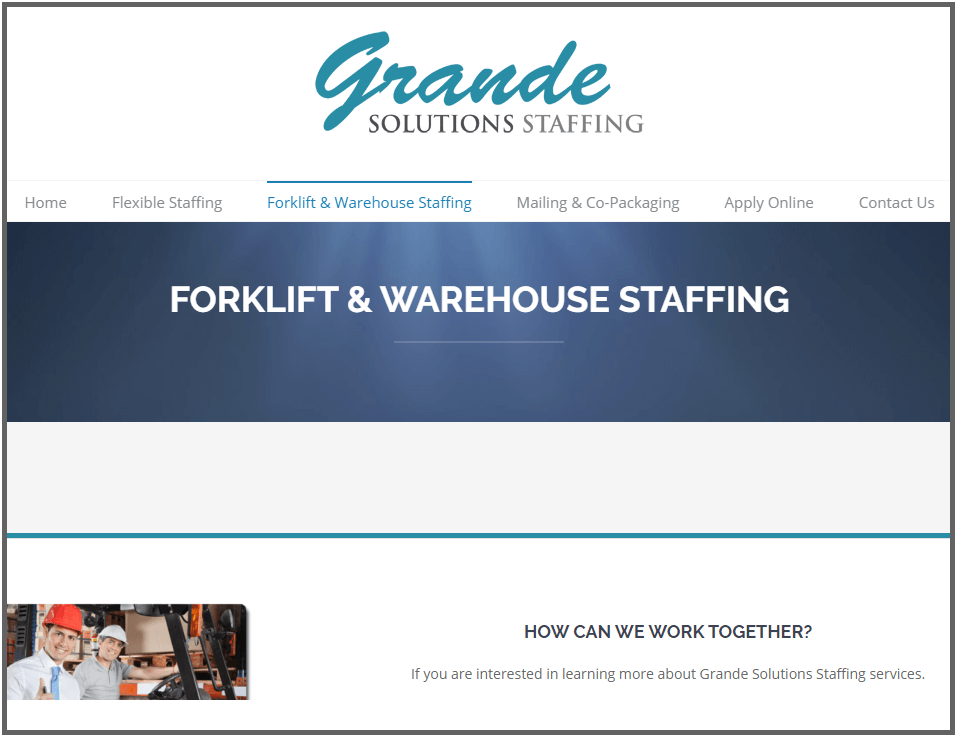 Grande Solutions Staffing webpage for forklift operator job placement