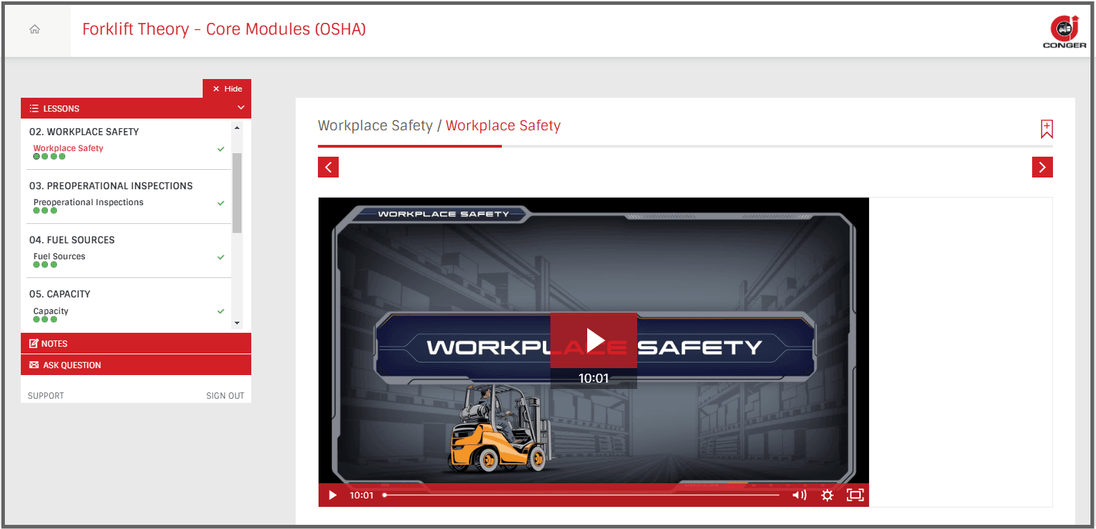 Login screen for an online forklift certification class