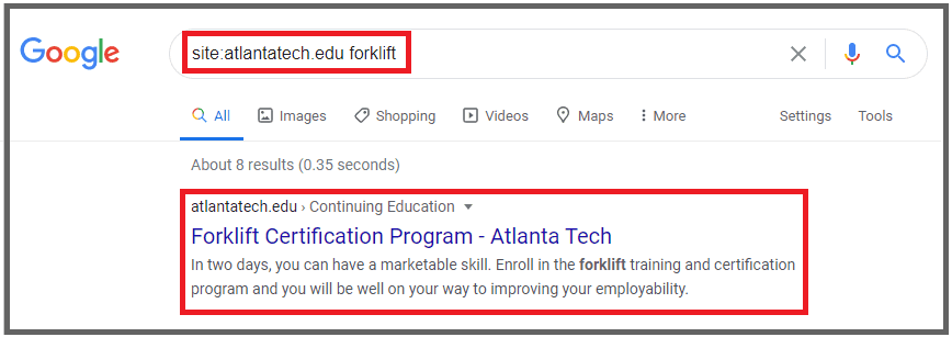 atlantatech-forklift-SERP How to perform a site-wide search using Google's "site:" operator plus the search term