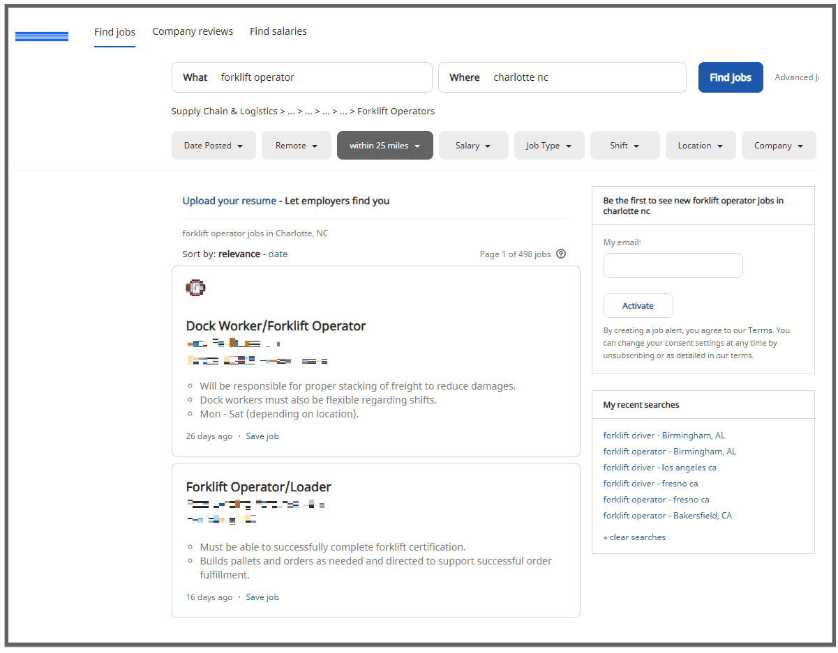 Forklift operator job results from a job-finder website