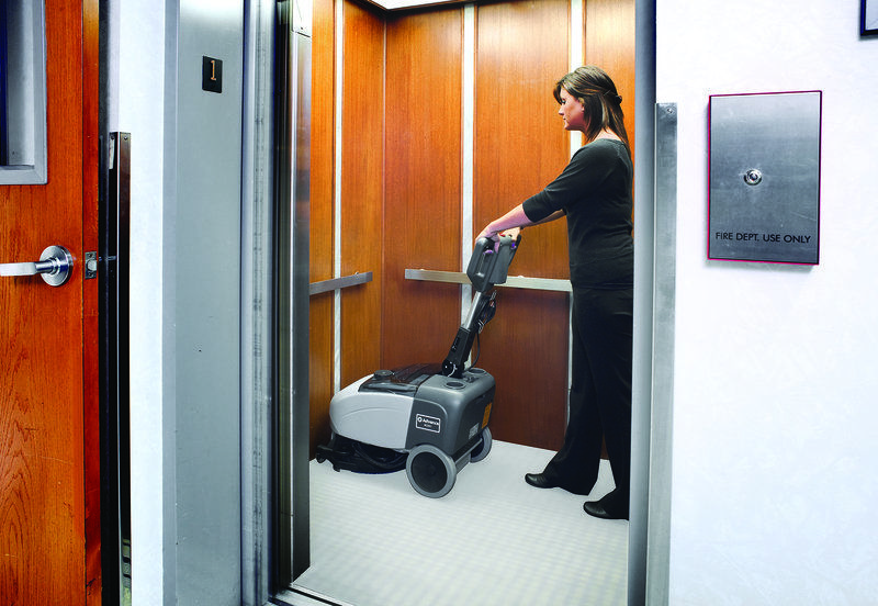 Advance SC351 scrubber being used in an elevator
