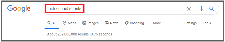 Searching for "tech school atlanta" in Google's search field