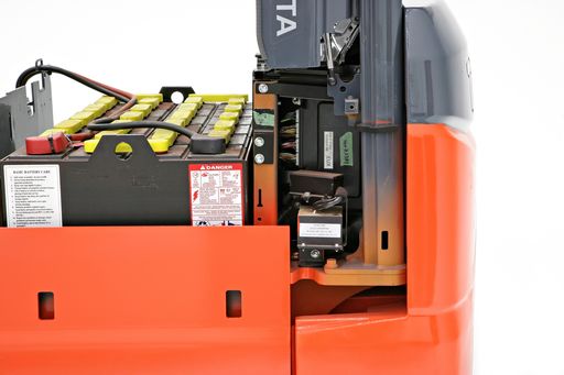 An industrial forklift battery in a Toyota 3-wheel electric forklift