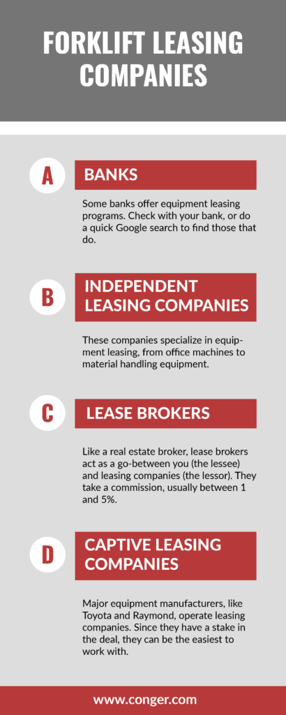 Forklift Leasing Companies (1) Forklift Leasing Companies: Banks, Independent Leasing Companies, Lease Brokers, Captive Leasing Companies