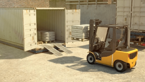 Forklift entering a container