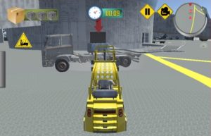 Forklift lining up with a flatbed truck