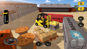 Forklift traveling with a container on the forks