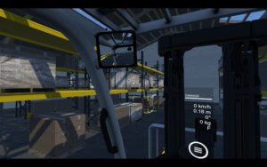 View of a warehouse from the driver's seat of a virtual forklift