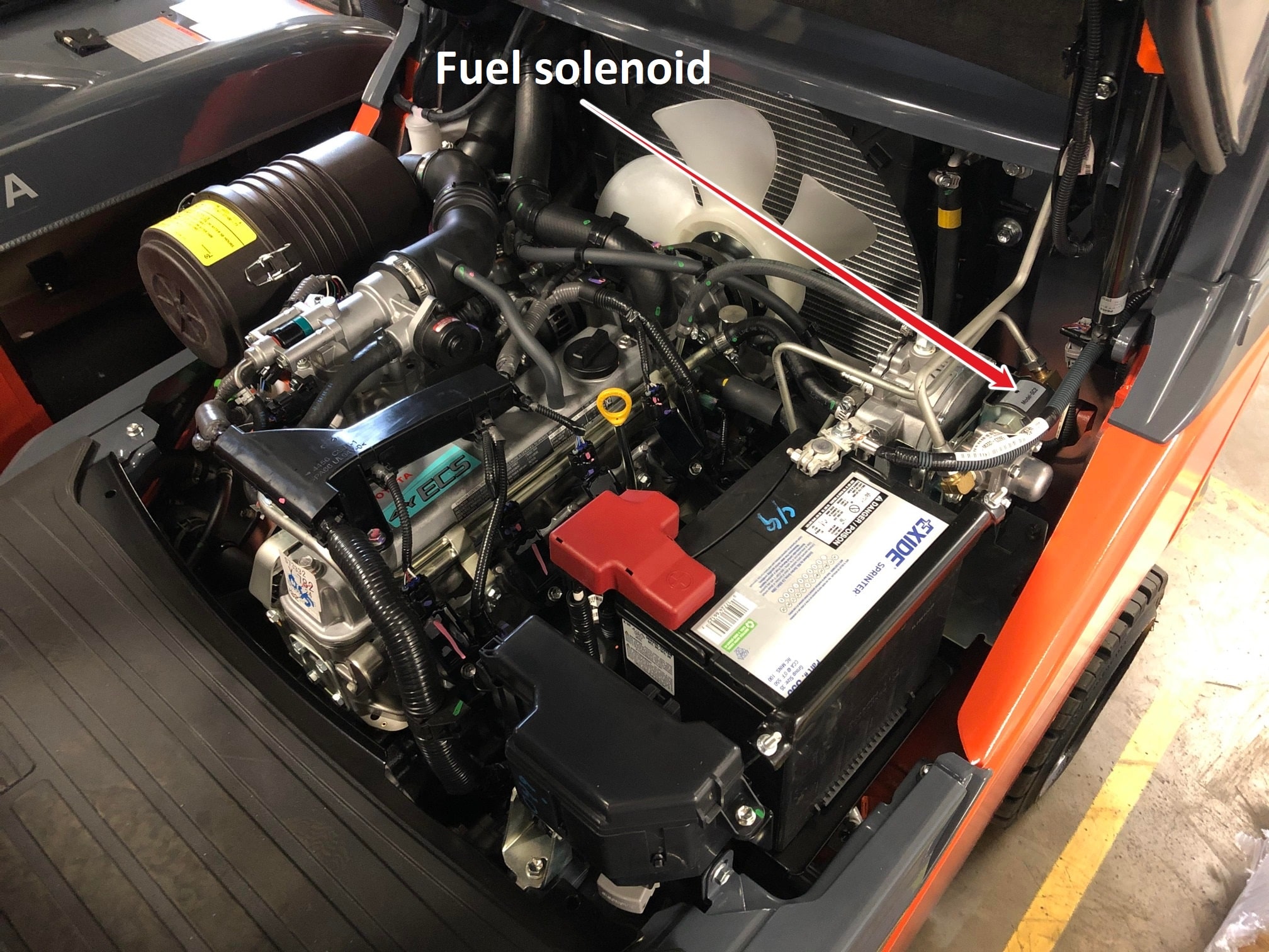 The location of the fuel solenoid in a Toyota forklift engine