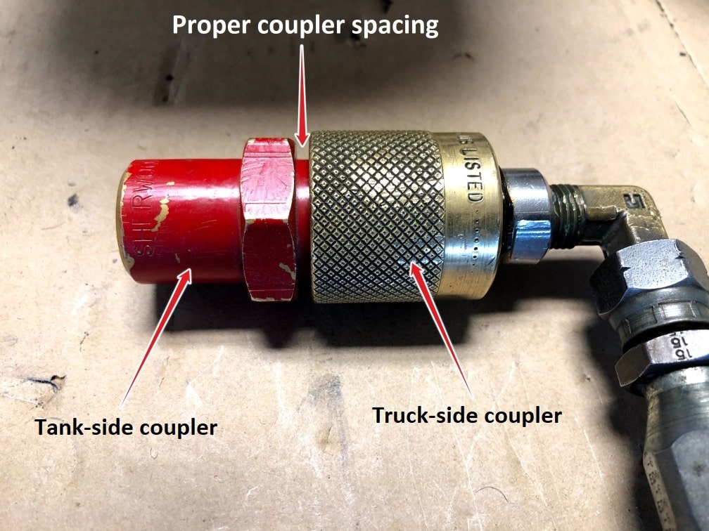 An example of a properly-connected propane fuel coupler