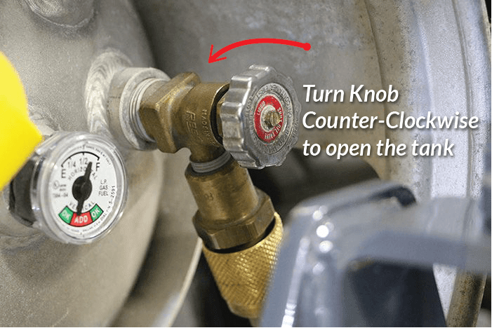 Turn_Knob_CounterClockwise_To_Open_Tank Turn the propane tank valve counter-clockwise to close it