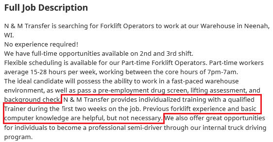 A screenshot of a forklift operator job listing where the employer offers forklift training to new hires