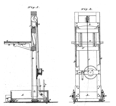 A patent illustration of an 1867 portable elevator