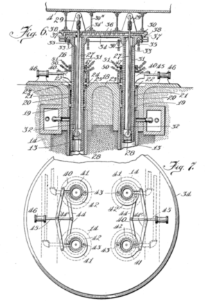 A patent illustration of the first hydraulic lift from 1913