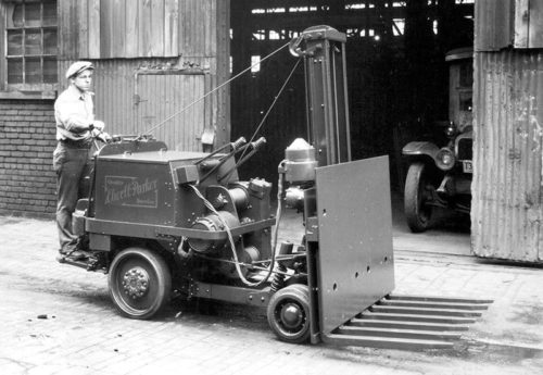 An early Elwell Parker forklift with multiple forks