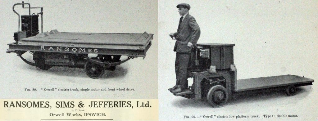 An ad showing an early electric-powered platform truck used in railroad station