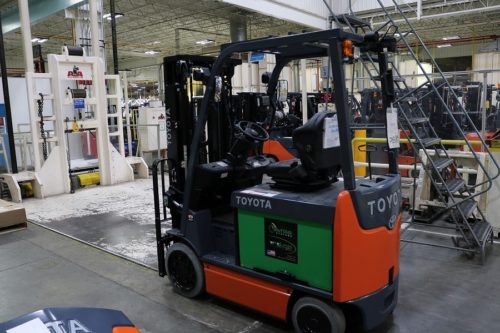 A Toyota forklift powered by a lithium-ion battery