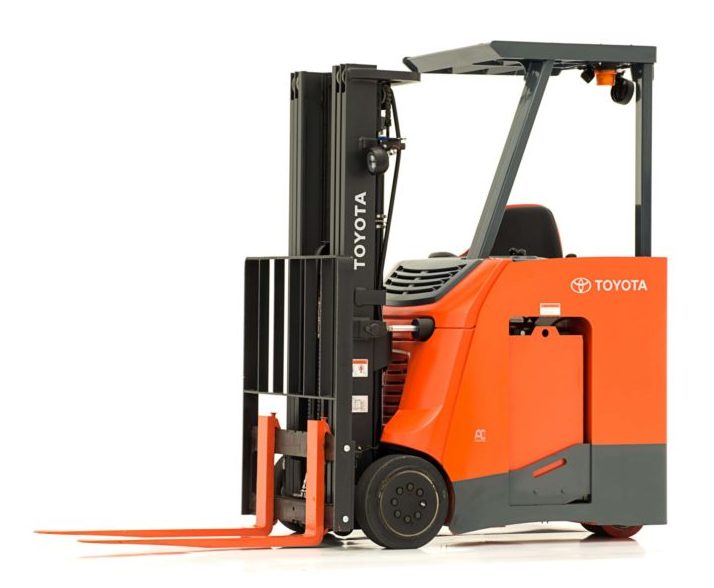 A Toyota stand-up rider forklift