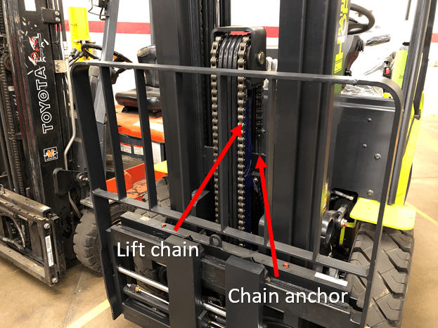 The lift chains and anchors on a Clark diesel forklift