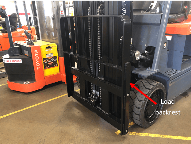 The load backrest on a Toyota electric forklift