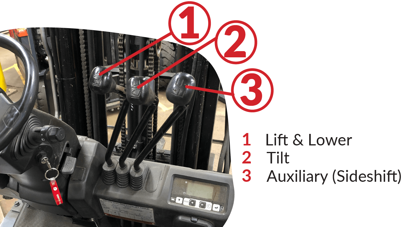 The 3 hydraulic levers on an electric sit-down rider forklift