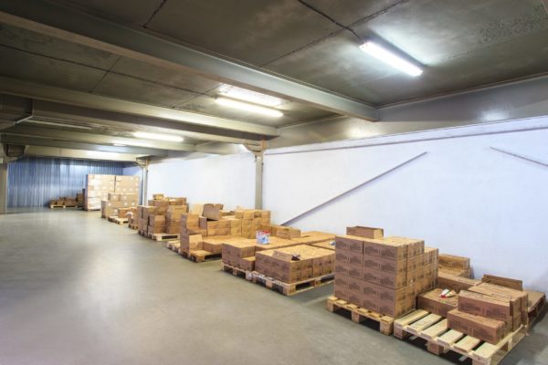 A small warehouse with several pallets on the floor