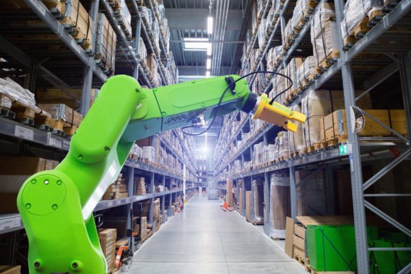 A robotic order picker retrieving product from a warehouse rack