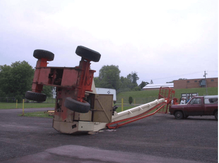 A boom lift lying on its side after tipping over